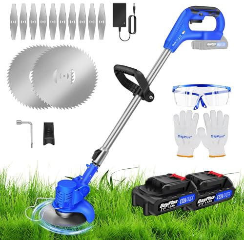DayPlus Elektrischer Unkrautvernichter, 21V 1500mAh Akkus versorgen Unkrautmäher, wiederaufladbarer Freischneider kabelloser Rasentrimmer, handgeführter Rasenmäher mit 2 Akkus & Schnellladegerät