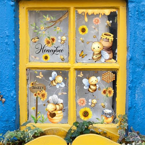 Ueiwffzo Fensterbilder Selbstklebend Fenstersticker Kinder, Niedliche Biene Fensterfolie Vogelschutz Fensteraufkleber, Bunt Fensterfolie Fensterdeko für Kinderzimmer Zuhause