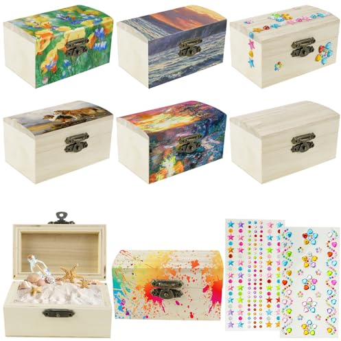 ZIGefofo 8 Stück Schatzkiste Klein Mini Schatztruhe mit 2 Aufkleber Glitzer Holzschatulle Holzkästchen mit Deckel Set Schmuckkästchen Holz für Kinder Bastelset Piratenparty Geburtstags DIY