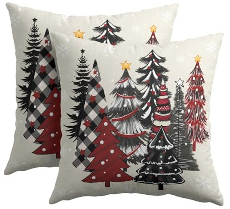 Kawani Federa per cuscino con albero di Natale, 45,7 x 45,7 cm, 2 pezzi, colore nero e rosso, motivo a quadri con alberi di Natale, in cotone e lino, per divano, letto, camera da letto, auto,