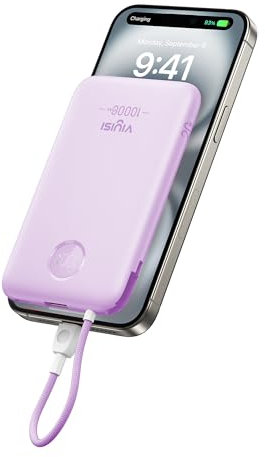 VIYISI 10000 mAh Power Bank Ultra Slim QC 22.5W Max Portable Charger Fast Charging with Built-in Type-C Cable PD 20W Compatible with iPhone 16 15 Samsung S24 S23 S22 - Purple