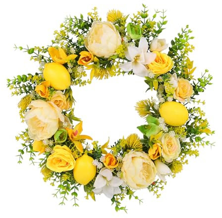 TAKOXIA Artificial Spring Wreath Yellow Flower Wreath with Lemon for Front Door, Window, Wedding, Indoor and Outdoor Decorations