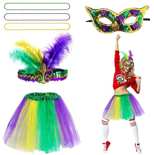 Shyllin 4 PCS Costume de Carnaval Femme, Deguisement Carnaval Adulte, Tutu Fluo+Bandeau Plumes+Masque+Collier, Vert Accessoire Année 80, Tenue Carnaval pour Rave parties, Fêtes costumées, Carnavals