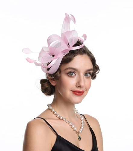 Sinamay Fascinator mit Blumenfedern, Kopfbedeckung, für Hochzeit, Party, Hochzeit, Cocktail, Teeparty, Derby-Hut für Damen, B4-Pink, M