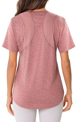 Crewhpo Maglietta Sportiva Donna Maniche Corte Maglia Palestra Traspirante Top Sportivo Fitness Indietro in Rete Top T-Shirt Sport Girocollo per Yoga Tennis Golf Jogging Rosa M