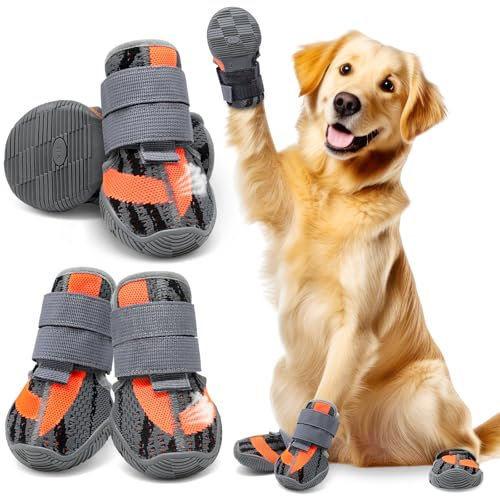 Weesiber Hundeschuhe, 4 Stück atmungsaktive Hundeschuhe Pfotenschutz mit rutschfester Sohle, 2 verstellbaren Klettverschlüssen hunde schuhe Hundestiefel für kleine mittler große Hunde (Grau, Größe 10)