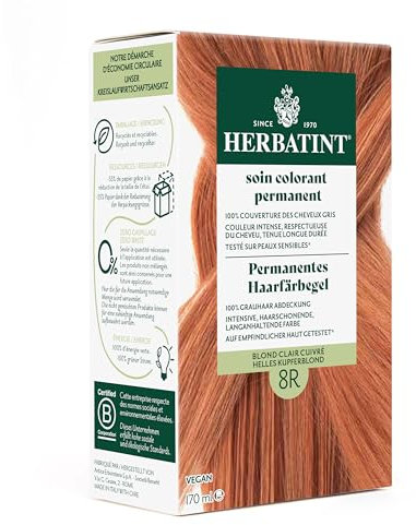 Herbatint Permanentes Haarfärbegel 8R Helles Kupferblond – 170 ml I Ohne Ammoniak, optimale Grauhaarabdeckung I Auf empfindlicher Haut getestet, mit 8 Pflanzenextrakten
