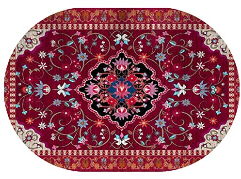 Vintage Oval Teppich Rot Blumen 160x230 cm Kurzflor Waschbar Rutschfest Fleckenabweisend Ideal für Home Office Colorproof Machine Made