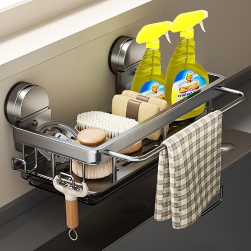 ITHKFU Saugnapf-spülbecken organizer hängend mit 2 Haken &1 Handtuchstange, waschbecken organizer küche,küchenorganizer,spüle organizer,schwammhalter küche,schwammhalter spülbecken,grau