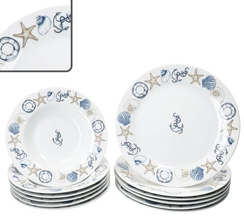 MamboCat Neptun, servizio da tavola da 12 pezzi, stoviglie in porcellana con motivi marittimi, ancora, conchiglia e Co per 6 persone, 6 piatti fondi e 6 piatti piani per colazione, pranzo e pane