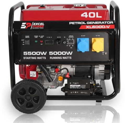 Excel Power Petrol Generator - Open Frame Electric Start Generator with 5000W Running Power - 5500W Peak Output & 40L Fuel Tank - Portable Generator for Home Backup, Camping, Site Work
