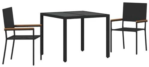 vidaXL Garten Essgruppe 3 pcs Schwarz Poly-Rattan, Stylisches Essset für draußen, rechteckige Gartenmöbel, moderner Polyrattan-Tisch, Stabiler Stahlrahmen, Akazienarmlehnen