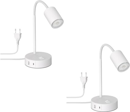 ledscom.de 2x Tischleuchte WAIKA, weiß, USB-A, USB-C, inkl. GU10 LED Lampe (3-Stufen-Dimmer, warmweiß, 6,3W, 374lm, 70°)