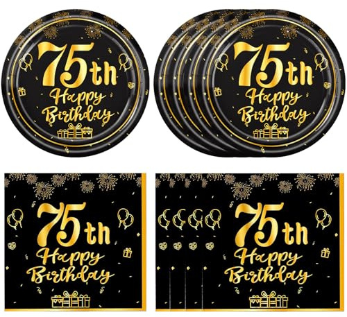 40 PCS 75th Birthday Decorations Kit for Men Women Vintage 75th Birthday Plates and Napkins Black and Gold 75 Years Party Decorations for 1950 Years Old Dessert Plates and Napkins Party Supplies