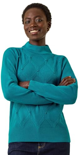 Roman Originals Cable Knit Pearl Jumper for Women UK - Ladies Everyday Autumn Winter High Neckline Comfy Soft Evening Vacation Work Party Night Out