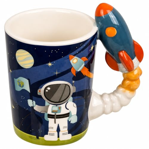 MIJOMA Space Becher mit 3D-Raketengriff - Astronauten-Tasse aus Dolomit, 375 ml, Kinder Tasse Weltraum Motiv, Geschenkidee für Jungs & Mädchen, Frühstücksbecher 13 x 13,5 cm