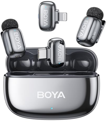 BOYA Mini 2 Mikrofon Handy, Kabelloses Lavalier Mikrofon, USB-C & Lightning | Wireless Ansteckmikrofon, 5 g Ultraleicht, 48 kHz/24 Bit, 100 m, 30 Std., Anti-Pop-Sound, App-Steuerung, Silber