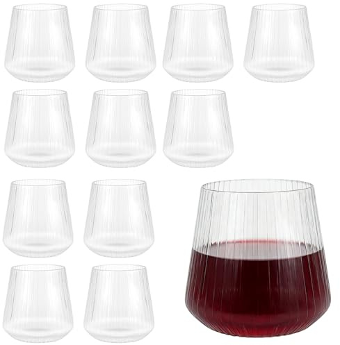 CHEUNGR Set of 12 Plastic Wine Glasses, 400ml/14oz Reusable Stemless Ribbed Tumbler - Unbreakable Drinking Cups for Champagne, Picnic, Camping, Weddings and Parties