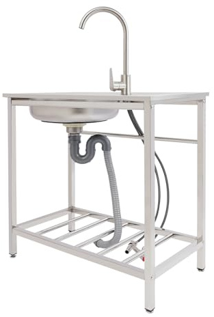 Évier sur pied en acier inoxydable avec plan de travail et robinet 75 x 40 x 75 cm en acier inoxydable 201 argenté pour cuisine extérieure, jardin, camping, restauration et maison