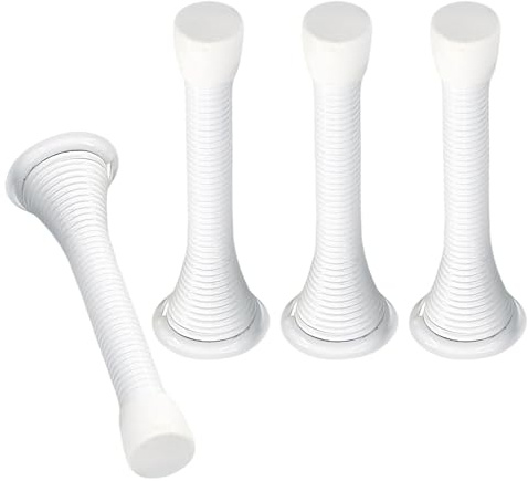 4 Pack Wall-Mounted Spring Door Stops Heavy Duty Rubber Buffer White | High carbon spring steel build; rubber buffer cuts noise shields walls, tool-free installation fits home, office and indoor
