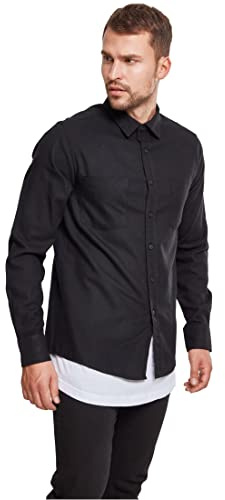 URBAN CLASSICS Camicia in Flanella a Maniche Lunghe da Uomo, Camicia Casual Lunga con Bottoni per Uomo, Vestibilità Regolare, Cotone Flanella, Colore: Nero, Taglia: M