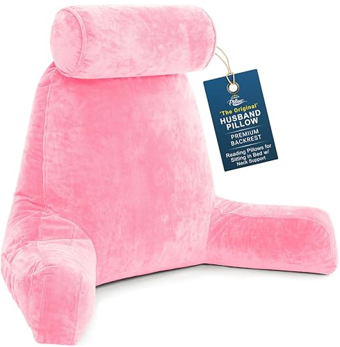 Husband Pillow XXL Pink Backrest with Arms, Adult Reading Pillow with Shredded Memory Foam, Ultra-Comfy Removable Microplush Cover & Detachable Neck Roll, Unmatched Support for Bed Rest Sit Up Pillow
