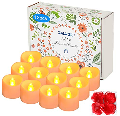 IMAGE Tea Lights 12Pcs LED Tealight Candles with Timer Flickering Battery T-Lights with 100pcs Decorative Fake Rose Petals for Christmas Halloween Wedding Birthday Anniversary, Amber Yellow