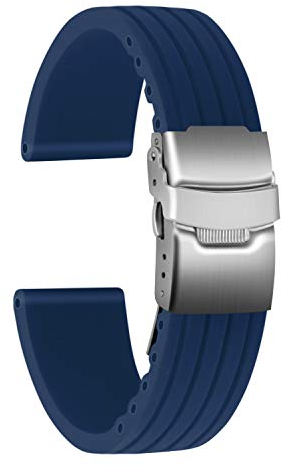 ULLCHRO Gummi Uhrenarmband Ersatzarmband Ersatz Kautschuk Armbanduhr Wasserfest Stripe Pattern - 16mm, 18mm, 20mm, 22mm, 24mm Uhrenband mit Edelstahl Faltschließe (22mm, blau)