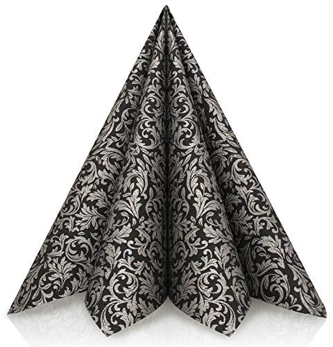 GRUBly® Servietten SCHWARZ-SILBER, Stoffähnlich [50 Stück], Hochwertige Schwarze Servietten, Tischdekoration für Hochzeit, Geburtstag, Feiern, Trauer, 40x40cm, AIRLAID QUALITÄT