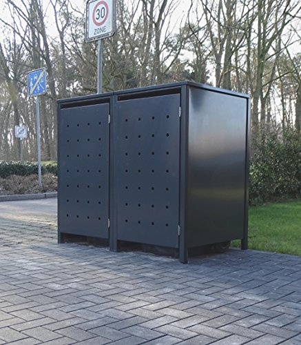 2 Mülltonnenboxen Modell No.1 für 120 Liter Mülltonnen / komplett Anthrazit RAL 7016 / witterungsbeständig durch Pulverbeschichtung / mit Klappdeckel und Fronttür