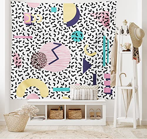 ABAKUHAUS 90er Jahre Wandteppich und Tagesdecke, Retro Geometrische Formen aus Weiches Mikrofaser Stoff Waschbar ohne Verblassen Digitaldruck, 230 x 140 cm, Weiß Pink