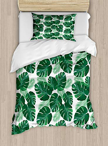 ABAKUHAUS Blätter Bettbezugs Set für Einzelbetten, Monstera Pinnate Palmate, Milbensicher Allergiker geeignet mit Kissenbezug, 130 x 200 cm, Weiß Jadegrün