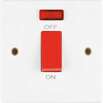 Invero 1 Gang 45 Amp Double Pole Electric Cooker Unit Control Wall Switch Standard Square White with Red Neon Power Indicator