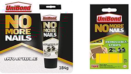 UniBond No More Nails Invisible, Heavy-Duty Clear Glue & UNI781739 No More Nails Strip Ultra-strong Removable Translucent - Pack of 10