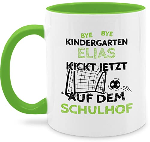 Tasse Tassen 325ml - Einschulung Schulanfang - Bye Bye Kindergarten - kickt jetzt auf dem Schulhof - 325 ml - Hellgrün - fußballtasse personalisierte einschulungsgeschenke schulkind schule fanmug