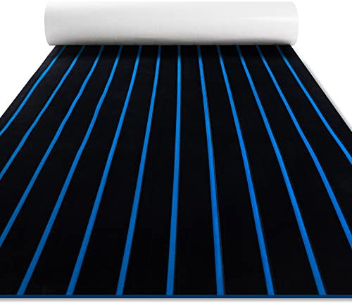 Fullfire Boat Flooring - EVA Foam Boat Decking - Faux Teak Marine Mat Self-Adhesive Marine Carpet for Motorboat RV Yacht Kayak 94 x 35 Black with Blue Lines