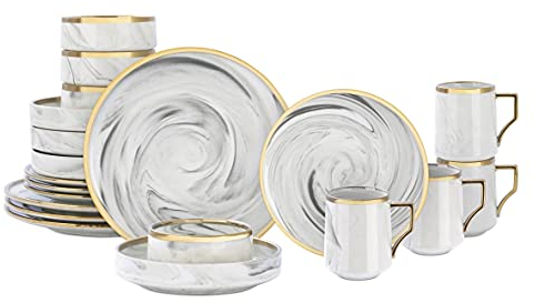 HomeVss, Fine China Artisan Marmoled 20pc Juego de vajilla, gris con línea dorada