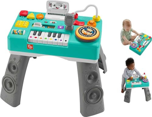 Fisher-Price Ríe y aprende Mesa de mezclas DJ musical Piano de juguete con actividades, luces y sonidos, sentado y de pie, bebés +6 meses, VERSION UK , HKT83