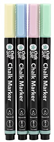 CHALKSTAR - 4er-Set Kreidemarker Pastell - Rundspitze 1-2 mm | Farben Blau, Gelb, Grün, Lila - Für Kreidetafel, Glas, Fenster
