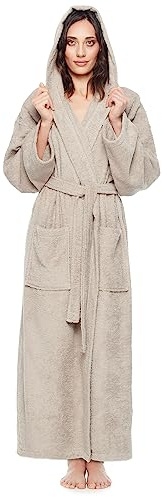 Arus Damen-Bademantel mit Kapuze, knöchellang, Baumwolle, XL-XXL Lang, Latte