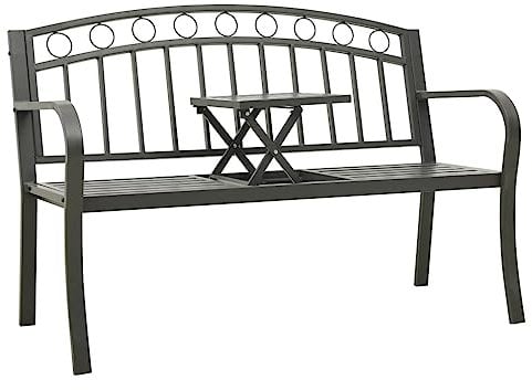 vidaXL Gartenbank mit Tisch Parkbank Sitzbank Balkonbank Terrassenbank Metallbank Bank Gartenmöbel Balkonmöbel Garten Terrasse Balkon Grau 120cm Stahl