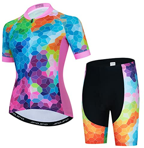 Colorful Womens Cycling Jersey Set, Summer Short Sleeve Ladies Mountain Dirt Bike Shirt and Shorts Padded Kit MTB Suit Cyclist Clothes Biker Biking Apparel BMX Bicycle Clothing, Medium