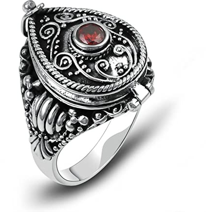 AMDXD Sterlingsilber Ringe, Retro Tropfen Medaillon Freundschaftsringe Frau für Damen, Gothic Vintage Punk Ring mit Zirkonia Rot, Gr.60 (19.1), Silber, Echt Silber Schmuck