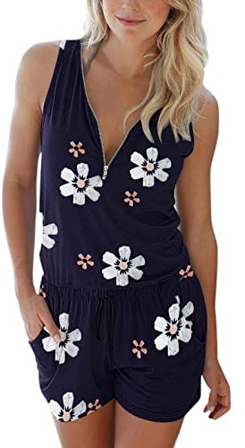Générique Salopette Femme Enceinte - Femmes été lâche Impression Combinaison Taille Haute Combishort sans Manches Combinaisons à Bretelles Plage Fermeture éclair Barboteuse Pyjama Combi