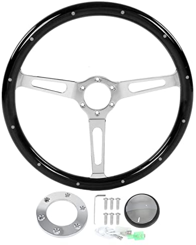 15 Zoll Klassisches Lenkrad, 3 Speichen, Genietet, 6 Löcher, Holz, Klassisches Auto-Lenkrad, Klassisches Oldtimer-Lenkrad mit Hupenknopf-Set, Klassisches Nostalgie-Vintage-Holzrad (Schwarz)
