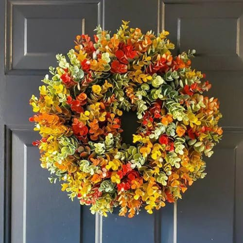 KyneLit Künstlicher Herbstkranz Haustür, Kürbis, Rose, Beerenzweige, gemischte Blätter, Erntedankfest, Kranz, Herbst-Türkranz für Halloween, Erntedankfest, Innen- und Außendekoration (D)