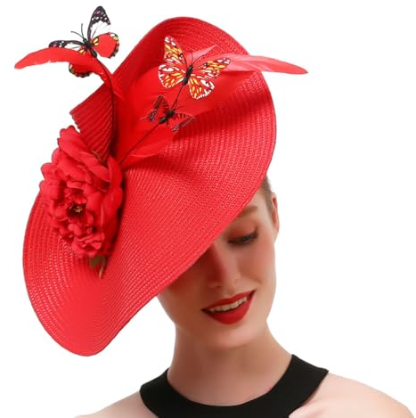 Tea-Party-Stirnband Vintage-Blumen-Schmetterlings-Fascinator-Derby-Hut Fascinator- - Hochzeitsfeier Rot Tee-Party-Hut
