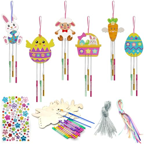 Feliciay 6 Stück Ostern Windspiel Bastelset Kinder,Hase Basteln,Unvollendete Ostereier Hasen,Huhn Blume,Ostern Kunsthandwerk,Holzanhänger Ostern zum Bemalen,DIY Anhänger Ostern