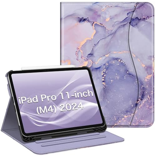 FINTIE Case Compatible with iPad Pro 11 inch (2024) M4 - [Corner Protection] Multi-Angle Viewing Stand Cover with Pocket & Pencil Holder, Auto Wake Sleep, Lilac Marble