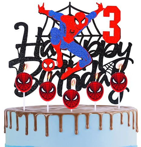 Spider-man 3rd Birthday Cake Topper with Candle Red Spider Candles Cake Decorations for Boys,Happy 3rd Spider Theme Party Candles Cake Cupcake Topper for Boys Girls 3rd Birthday Decor